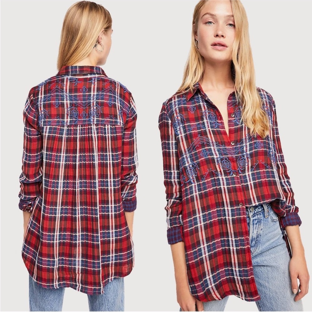 Free People Magical Red & Blue Plaid Buttondown Top